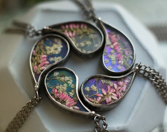 Yin Yang Flower Pendant, Set of 5, Heather and Baby's Breath jewelry,  Couple necklaces