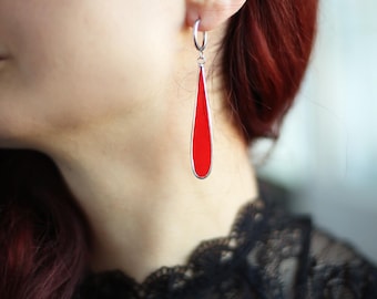 Red teardrop earrings for woman, Long Stained glass Earring hoops, Minimalist jewelry,  Witchy jewellery