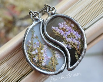 Best friend necklaces, Yin Yang Necklaces, Friendship Spiritual Necklace, Heather flowers, Friend gift, Yoga Jewelry, Sister necklaces