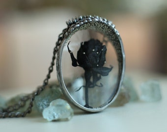 Black rose necklace, Black Flower Necklace, Gothic Necklace, Halloween necklace, Floral vintage jewelry, Flower necklace, Witchy pendant