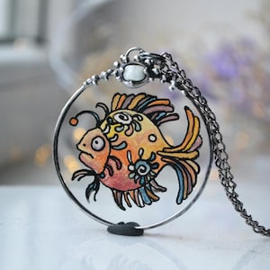 Stained glass necklace, Amulet necklace, Angler fish pendant, Soldered jewelry, Larimar crystal necklace, Crystal necklace, Hand painted
