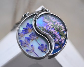 Couples necklace set, Yin Yang jewelry, Lavender Heather pendant, BFF necklaces, Friendship pendants
