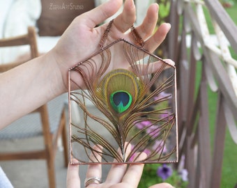 Glass wall art, Wall art decor, Stained glass, Framed Peacock Feather, Terrarium home decor, Handmade art, Minimalistic, Feather wall art