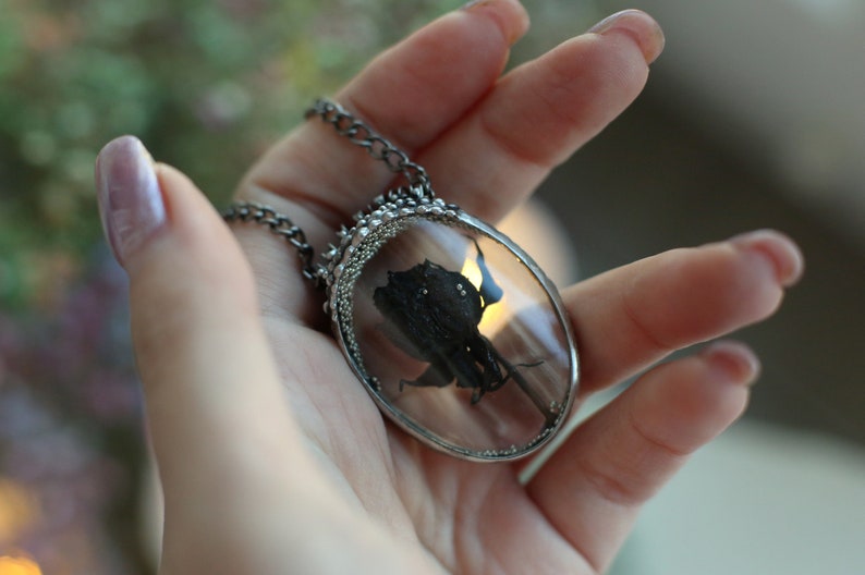 Black rose necklace, Black Flower Necklace, Gothic Necklace, Halloween necklace, Floral vintage jewelry, Flower necklace, Witchy pendant image 9