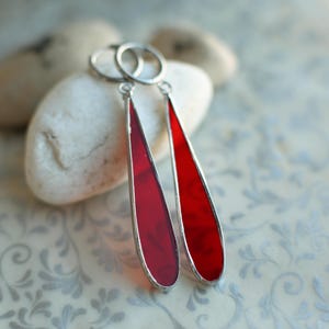 Red teardrop earrings, Stained glass earrings, Long earrings, Minimalist jewelry, Drop minimalist earrings, Witchy jewelry