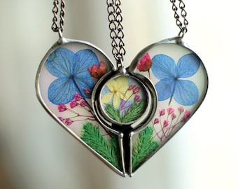 Heart and Circle trio Jewelry, Botanical Sisterhood Gift, Matching floral Heart set, Real moss