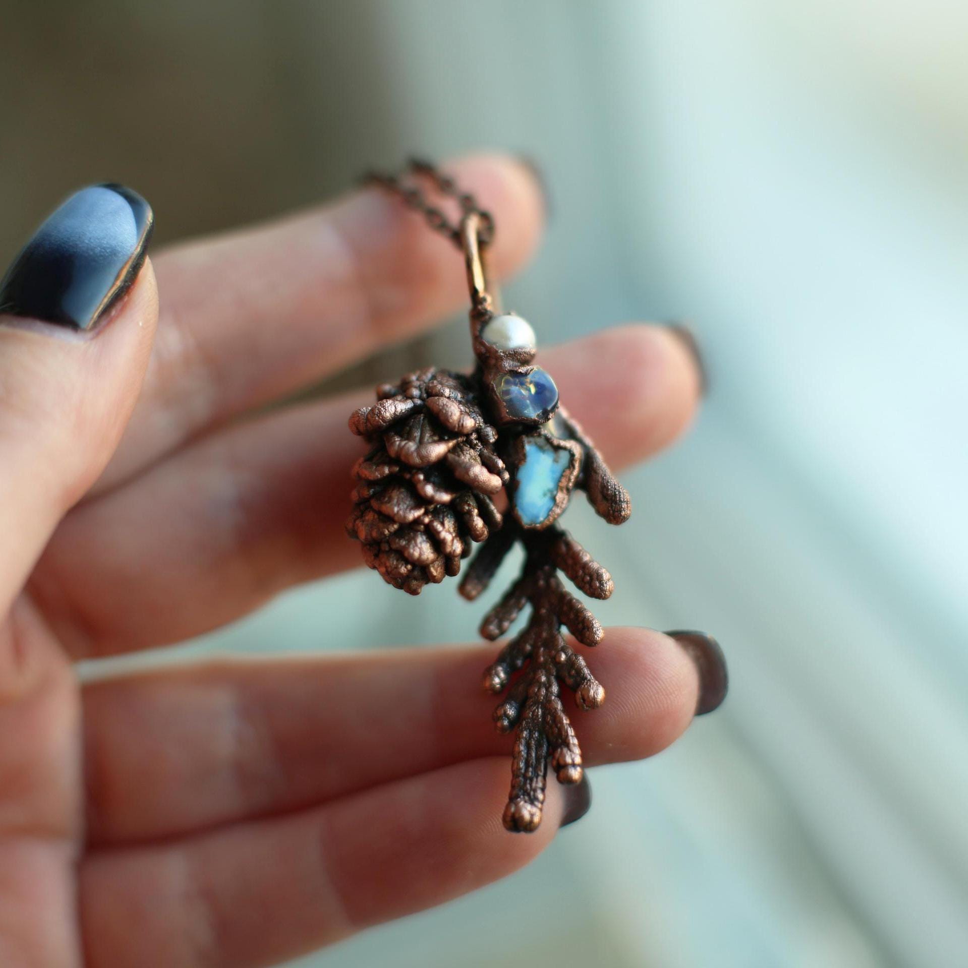 Pinecone forest necklace, Copper electroformed pendant, Turquoise charm, Raw crystal charm, Juniper twig pendant, Multicrystal jewellery