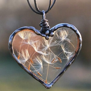 Dandelion Wish necklace, Handmade Heart Pendant, Dandelion Seed Jewelry, Terrarium plant Jewellery,
