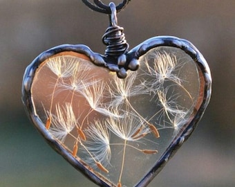 Dandelion Wish necklace, Handmade Heart Pendant, Dandelion Seed Jewelry, Terrarium plant Jewellery,
