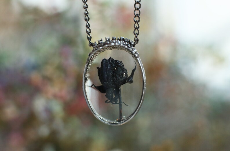 Black rose necklace, Black Flower Necklace, Gothic Necklace, Halloween necklace, Floral vintage jewelry, Flower necklace, Witchy pendant image 14
