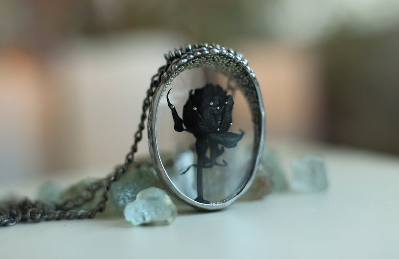 Black rose necklace, Black Flower Necklace, Gothic Necklace, Halloween necklace, Floral vintage jewelry, Flower necklace, Witchy pendant image 1