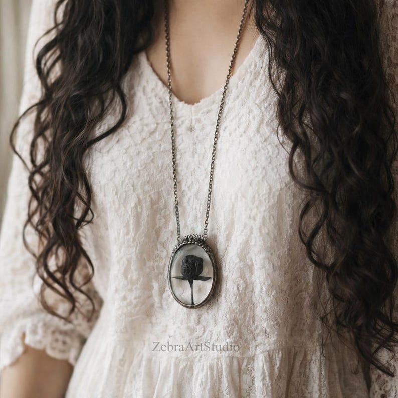 Black rose necklace, Black Flower Necklace, Gothic Necklace, Halloween necklace, Floral vintage jewelry, Flower necklace, Witchy pendant image 3