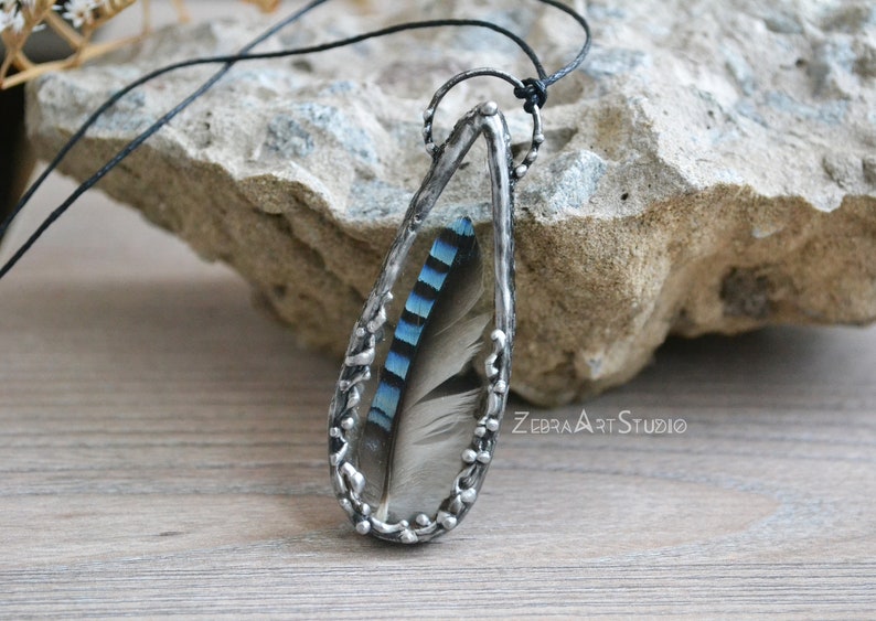 Jay Necklace Jay Feather Pendant Terrarium Feather Necklace Etsy