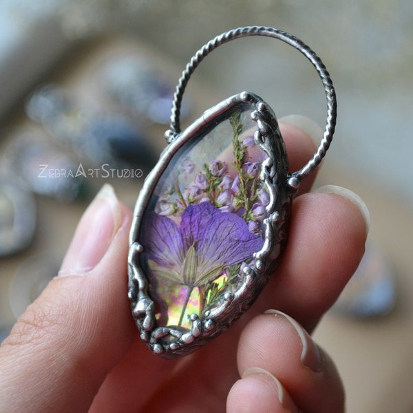 Iridescent necklace, Rainbow jewelry, Pressed flower necklace, Heather pendant, Sparkly necklace, Witch necklace, Festival jewelry, Gypsy