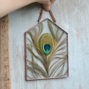 May include: A copper-framed glass window with a peacock feather inside. The feather is green, blue, and gold with a large eye spot.