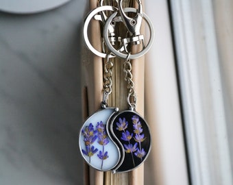 Friendship keychain, Yin Yang keychain, Dry Lavender key chain,  Matching key rings,  BFF Keychain, Family keychain, Dried Flower Keychain