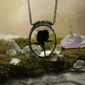 Black rose necklace, Black Flower Necklace, Gothic Necklace, Halloween necklace, Floral vintage jewelry, Flower necklace, Witchy pendant image 8