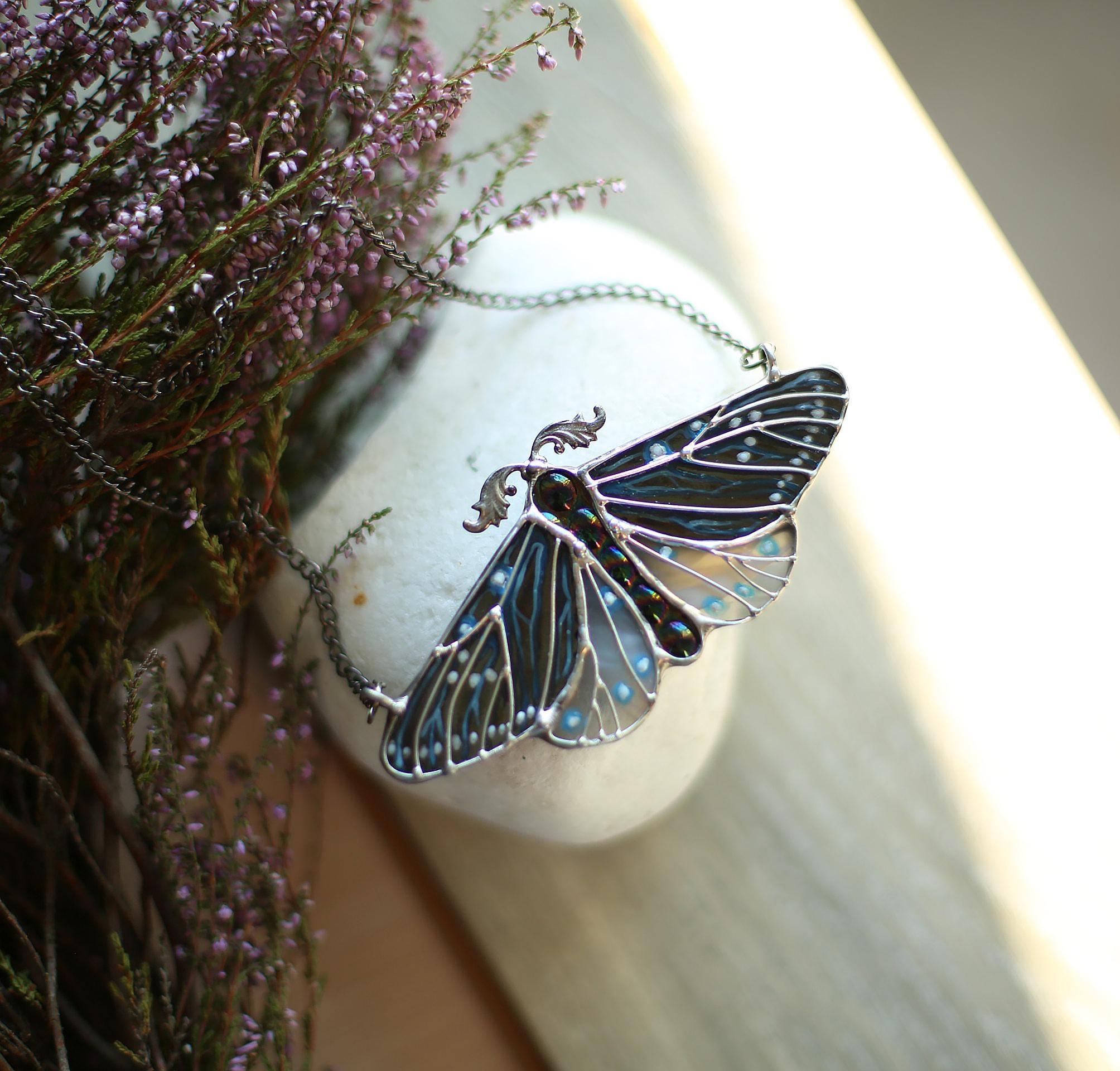 Black Moth Necklace, Stained Glass, Iridescent Pendant, Gothic Necklace ...