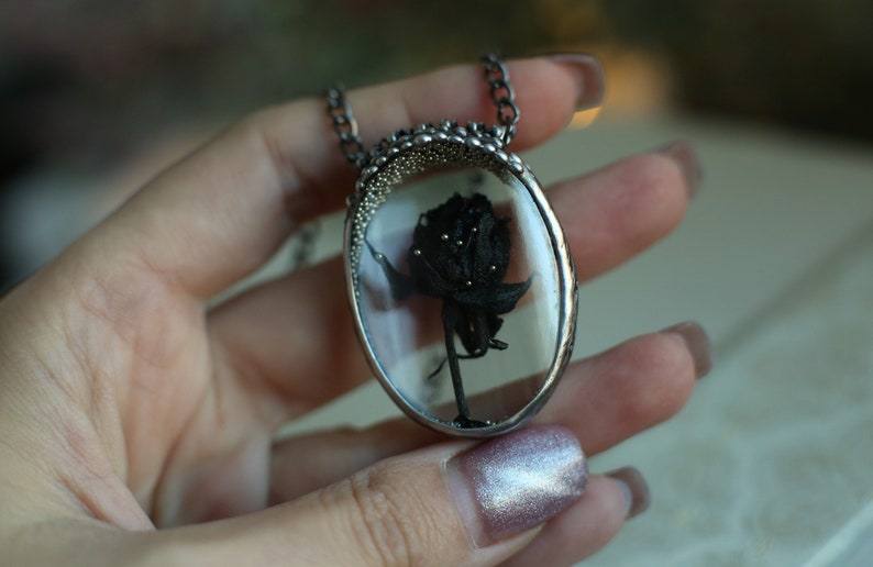 Black rose necklace, Black Flower Necklace, Gothic Necklace, Halloween necklace, Floral vintage jewelry, Flower necklace, Witchy pendant image 2