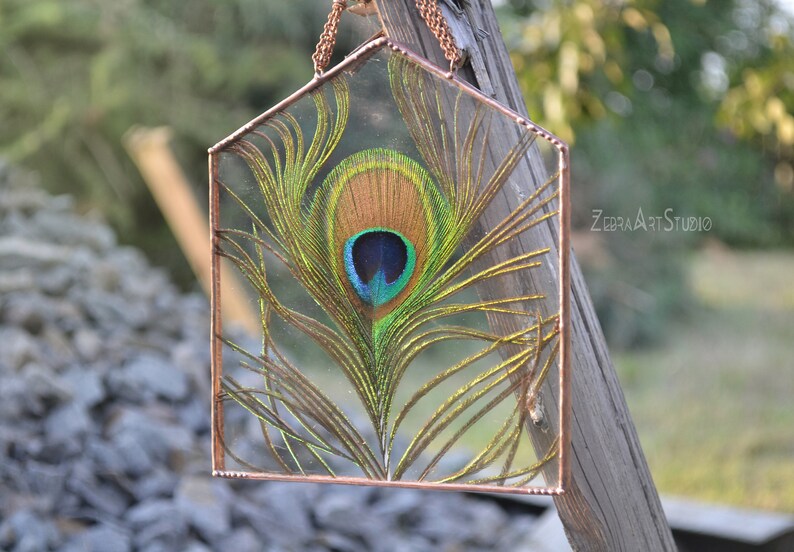 May include: A copper-framed glass windowpane with a peacock feather inside. The feather is green, blue, and gold with a large eye in the center. The windowpane is hanging from a copper chain.