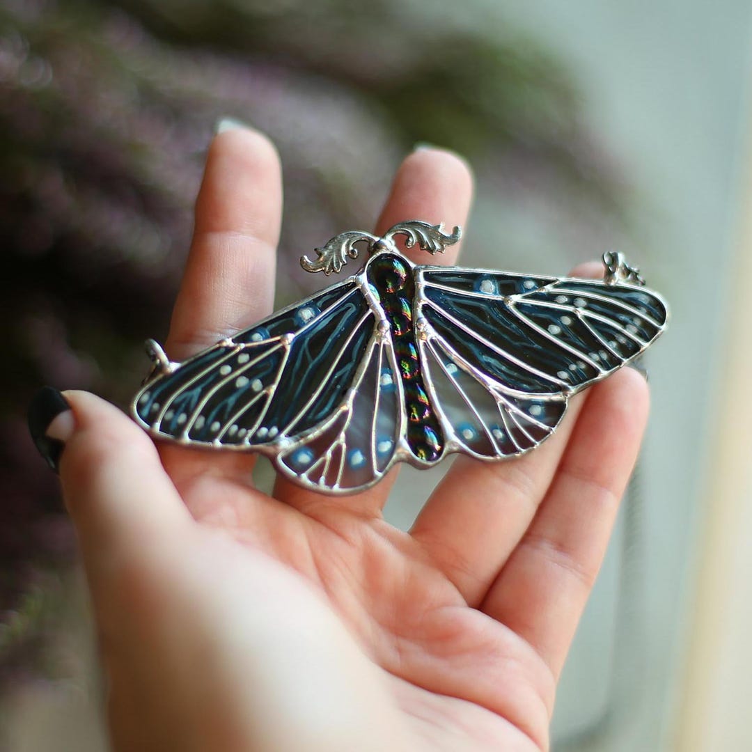 Moth Chain Black Moth Necklace, Stained Glass, Iridescent Pendant, Gothic Necklace ...