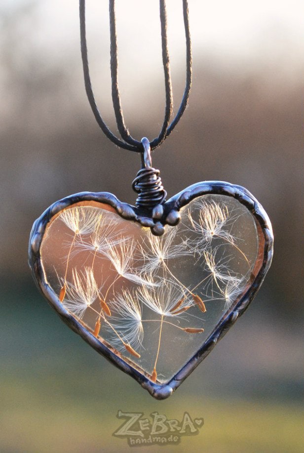 Dandelion Wish necklace, Handmade Heart Necklace, Dandelion Seed Jewe…
