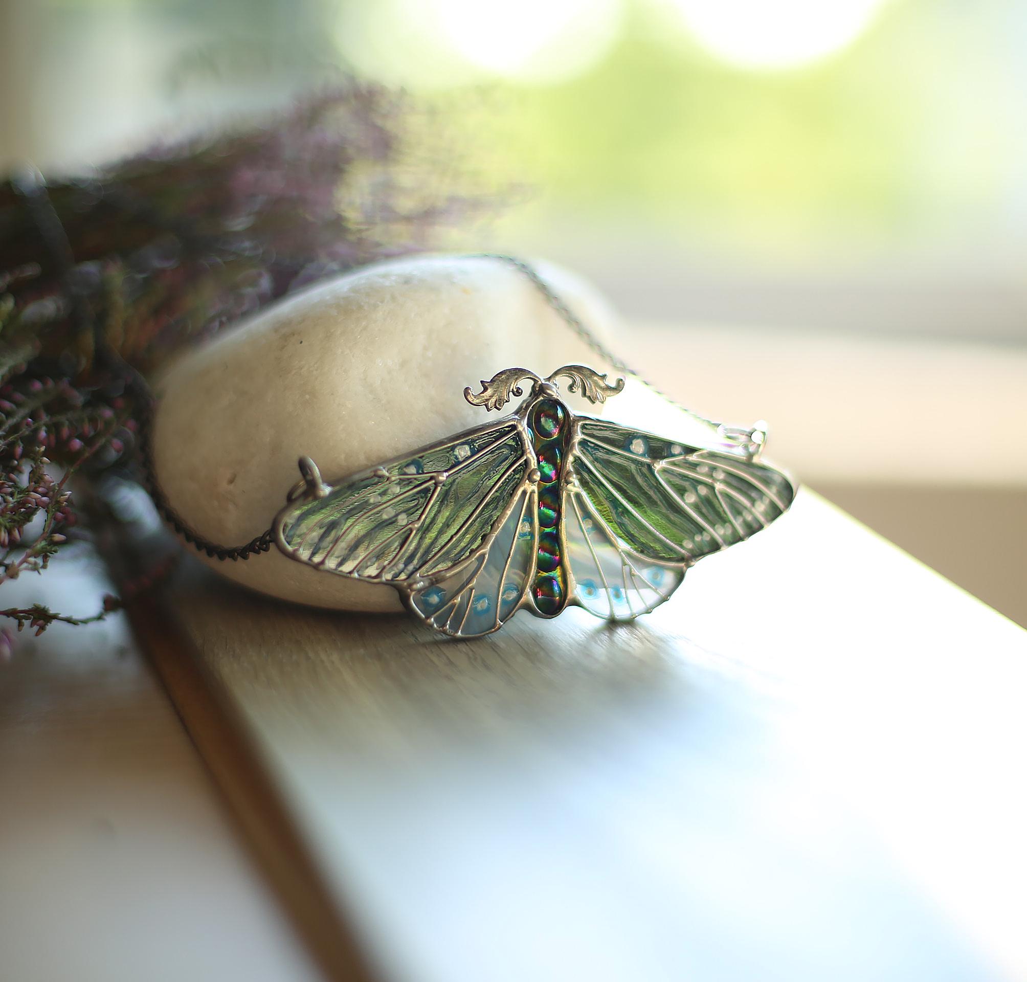 Black Moth Necklace, Stained Glass, Iridescent Pendant, Gothic Necklace ...