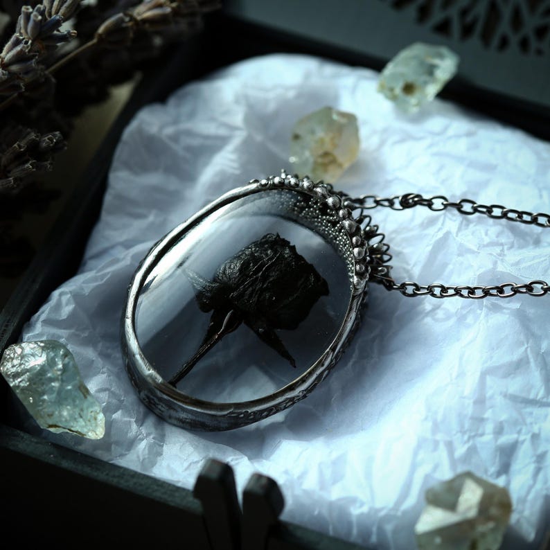 Black rose necklace, Black Flower Necklace, Gothic Necklace, Halloween necklace, Floral vintage jewelry, Flower necklace, Witchy pendant image 10
