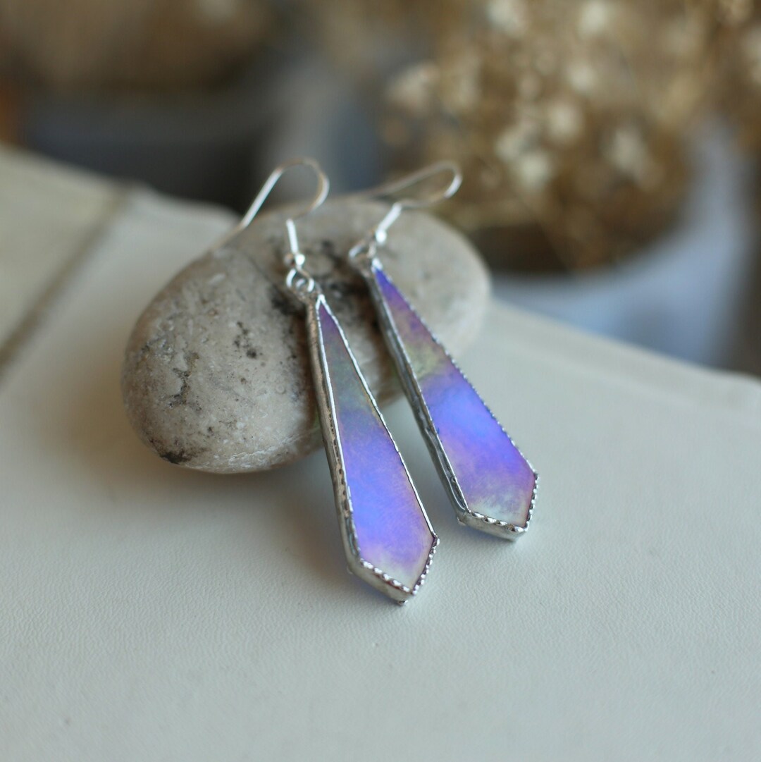 Stained Glass Earrings, Blue Glass Earrings, Ocean Blue Earrings, Iridescent Earrings, Bright ...