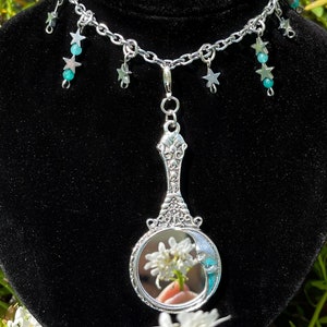 Mirror, Mirror My Moon & Stars pendant Victorian inspired hand mirror beaded silver gunmetal charm necklace
