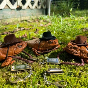 May include: Three brown ceramic frogs wearing cowboy hats and holding harmonicas. The harmonicas are both labeled "HOHNER".