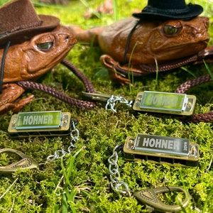 May include: Two brown ceramic frogs wearing hats and holding harmonicas on chains. The frogs are sitting on a bed of green moss. The harmonicas are both gold and silver and say "HOHNER" on them.