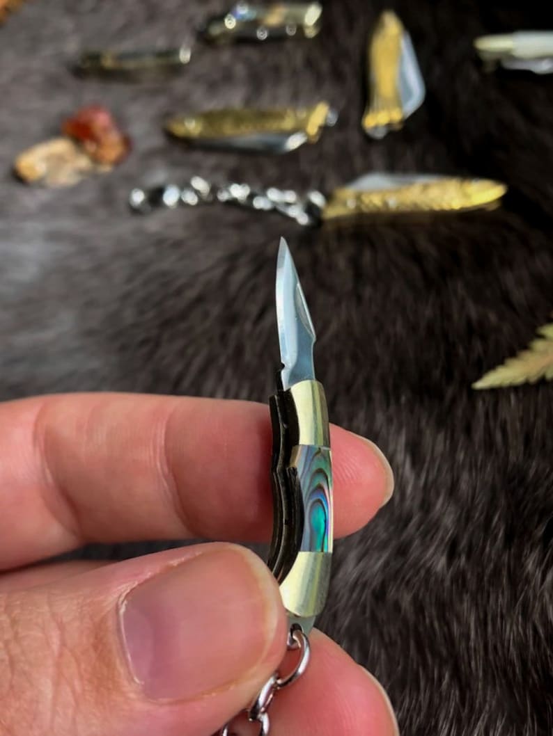 May include: A small, silver pocket knife with a mother-of-pearl handle. The knife is closed and has a silver chain attached to it.
