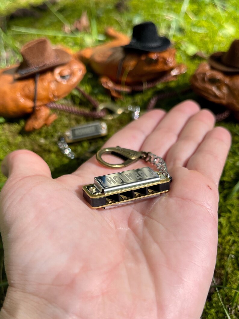 May include: A small, gold-colored harmonica keychain with the word "HOHNER" printed on it. The harmonica is attached to a silver key ring with a brown leather strap.