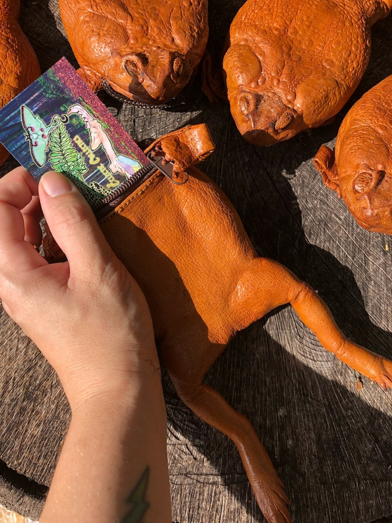 May include: A brown leather frog-shaped purse with a zipper closure. The purse is open and a business card with a colorful design is partially inserted into the zippered pocket. The purse is lying on a wooden surface.
