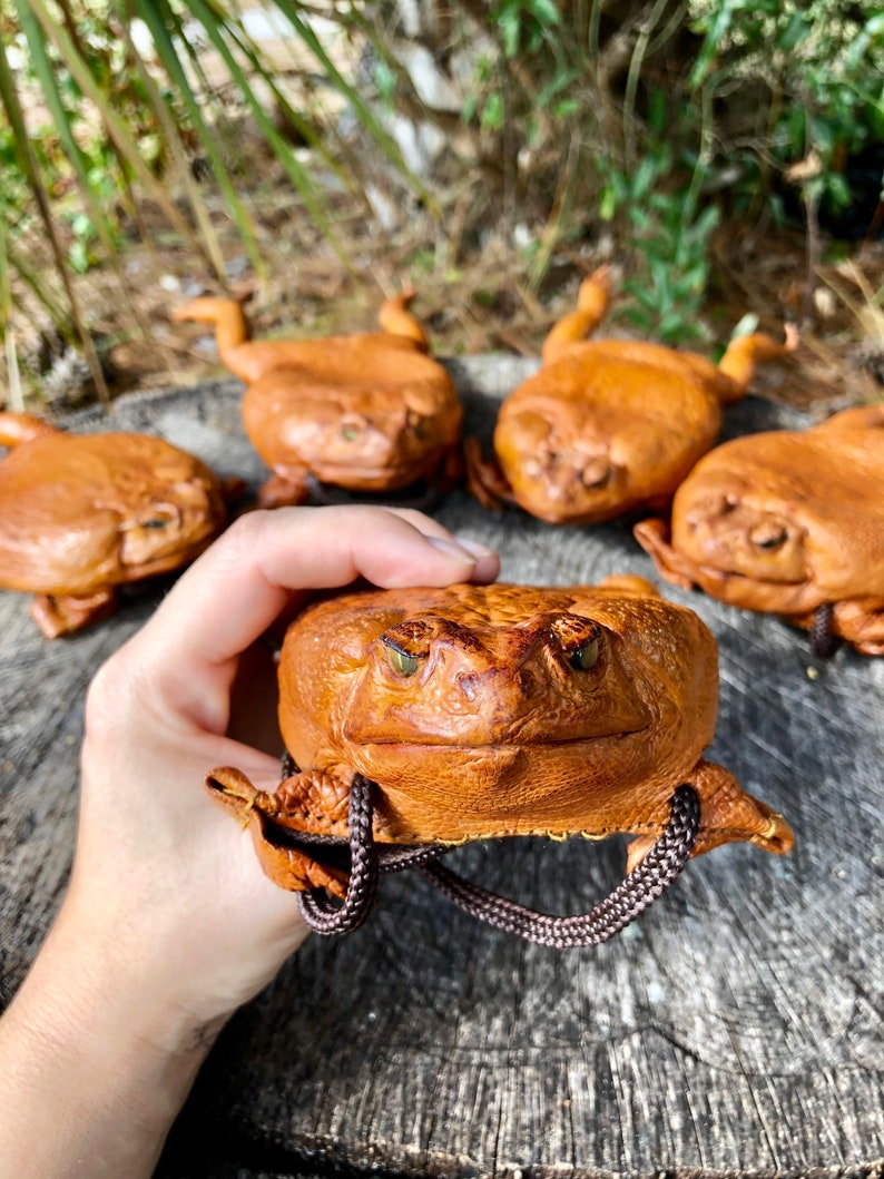 May include: Four brown leather frog-shaped purses. One frog purse is being held in a hand. The frog purses have a textured leather surface and have a brown cord attached to them.