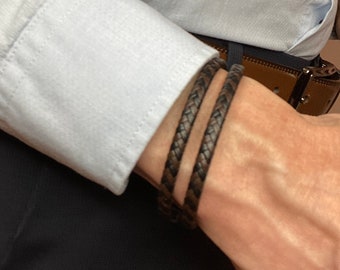 Leather Double Wrap Braided Bracelet - Brown/Black - Stainless Steel Magnetic Clasp