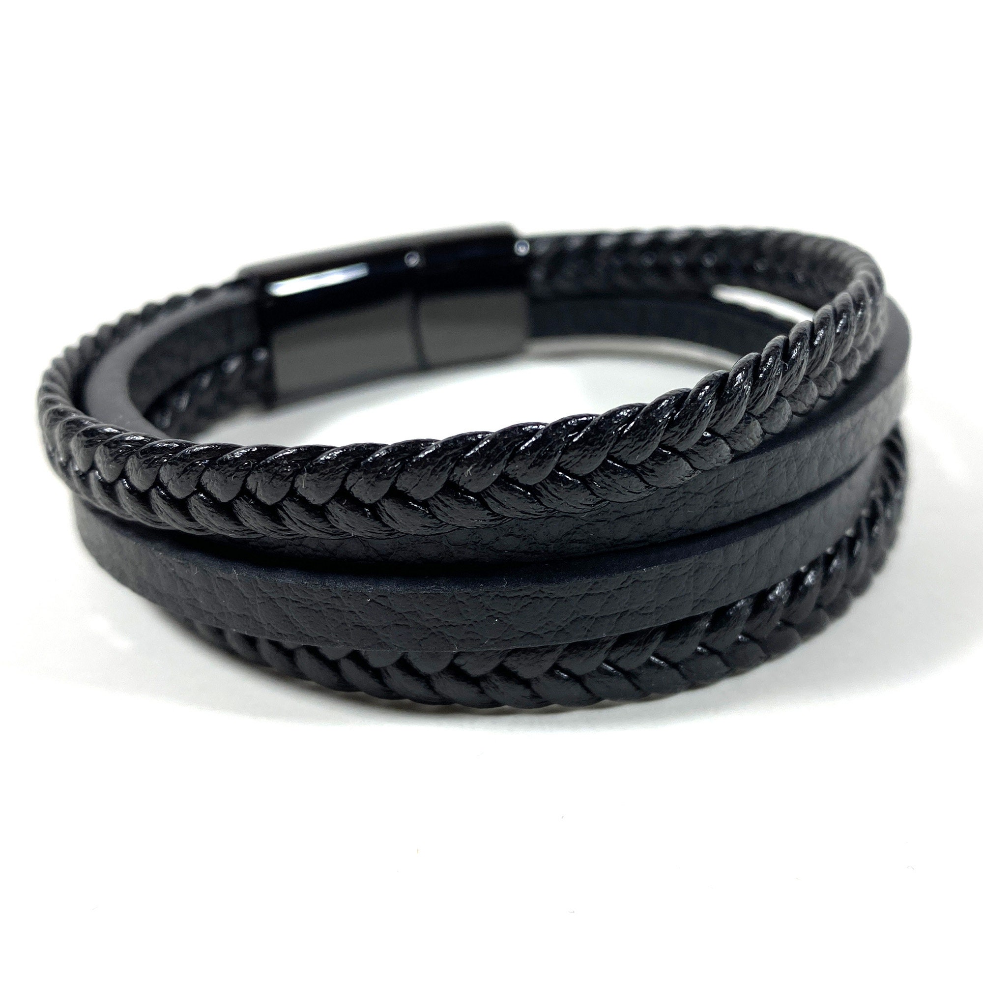 Fred Bennett Men's Black Leather Bracelet with Blue Texture & Steel Clasp  B5136