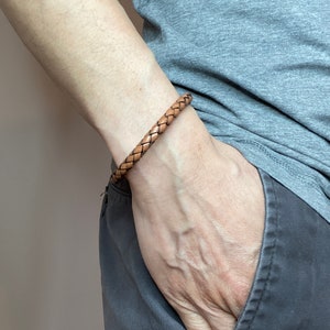 Braided Leather Bracelet - Brown - Stainless Steel Magnetic Clasp