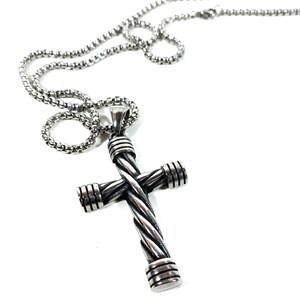 Twisted Metal Cross Pendant and Necklace - Stainless Steel