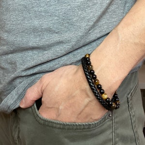 Tiger&#39;s Eye and Leather Bracelet - Men&#39;s Bead Bracelet