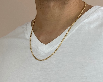 Colar masculino com corrente de corda italiana - corrente de 2,9 mm - prata esterlina - placa de ouro 18K