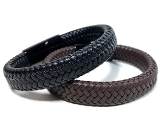 Set of Two - Wide Band Leather Braided Bracelets (Brown and Black) - Stainless Steel Magnetic Clasp