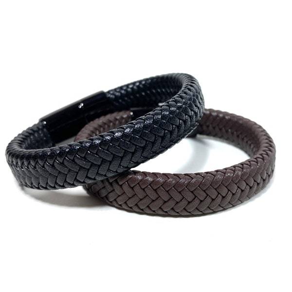 Set of Two - Wide Band Leather Braided Bracelets (Brown and Black) - Stainless Steel Magnetic Clasp