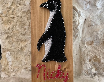 Penguin String Art, Penguin Gift, Personalized Sign, Black and White Artwork, Custom Bedroom Wall Decor, Animal Artwork Kids Room