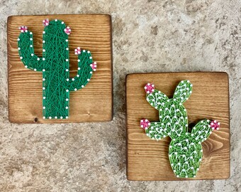 Arte de cuerdas con cactus florecientes, decoración desértica hecha a mano