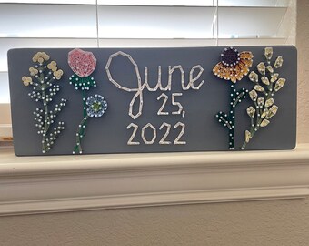 Floral String Art, Wildflower Date Sign, Special Date Decor, 5th Anniversary Sign Wood, Wildflower Nursery Decor, Personalized Date Sign