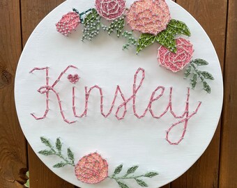 Name String Art, Custom Wood Baby Name, Baby Nursery Name Signs Circle, Floral Nursery Round, 14" Wooden Round, Flowers & Name for Nursery