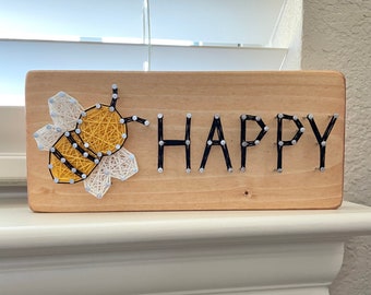 Bee String Art, Be Happy Sign, Wooden Happy Sign, Bee Decor for Home, Wood Bee, Happy Design, Bumble Bee Theme, Bee Party Decorations