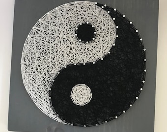 Arte de cuerdas Yin Yang, decoración de pared de madera en blanco y negro
